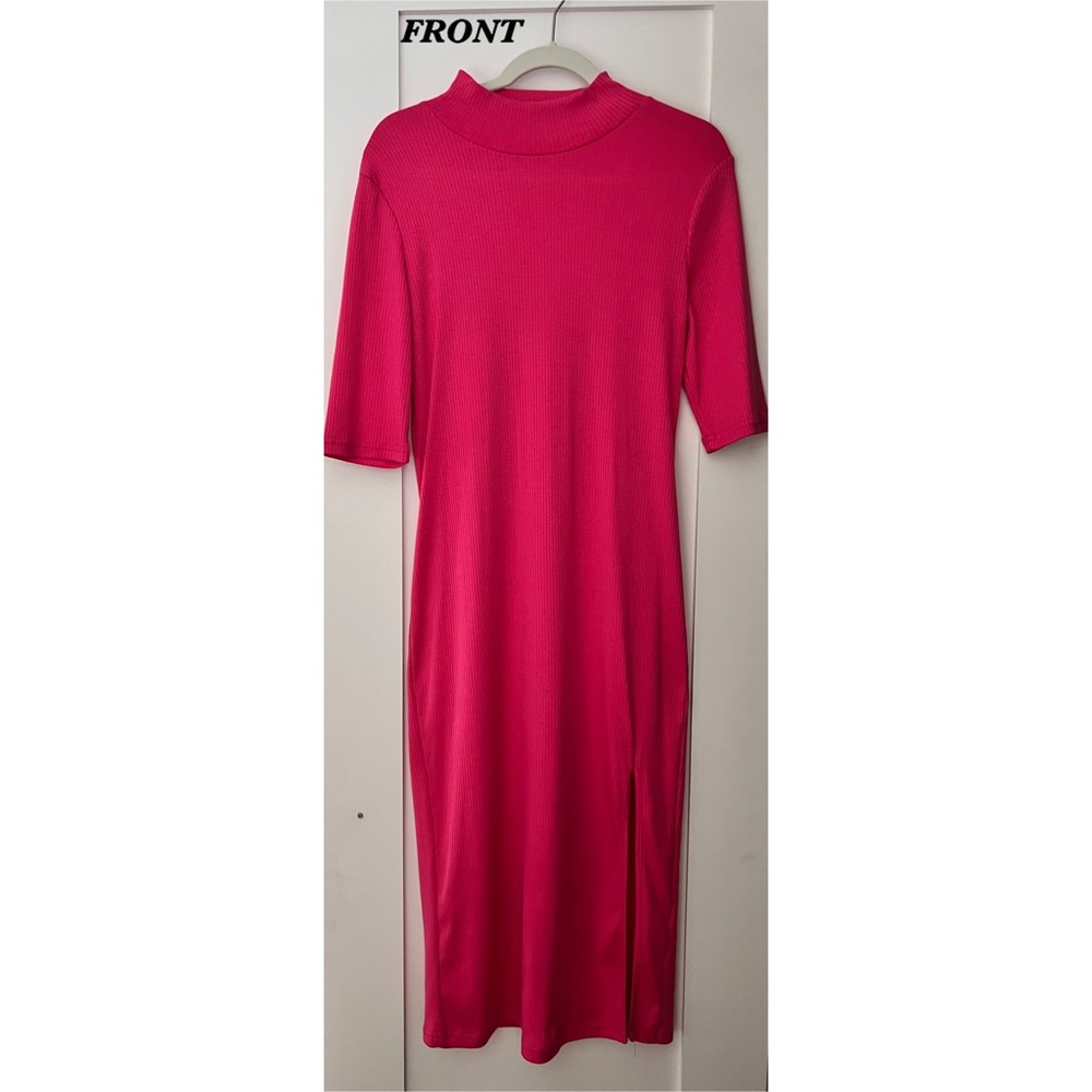 (NEW) Mock Neck Split Thigh Rib-Knit Dress | Pink | (M)